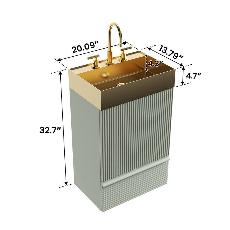 20" Striped Bathroom Vanity with Integrated Brushed Gold Metal Vessel Bathroom Sink, Freestanding Bathroom Cabinet