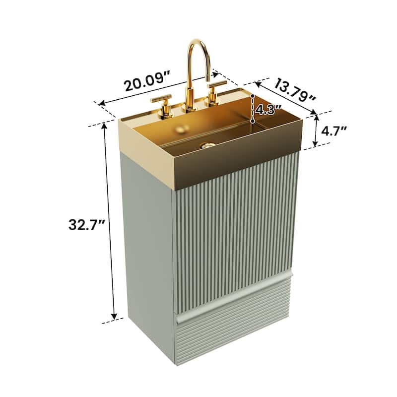 20" Striped Bathroom Vanity with Integrated Brushed Gold Stainless Steel Bathroom Sink, One-Piece Metal Basin without Faucet