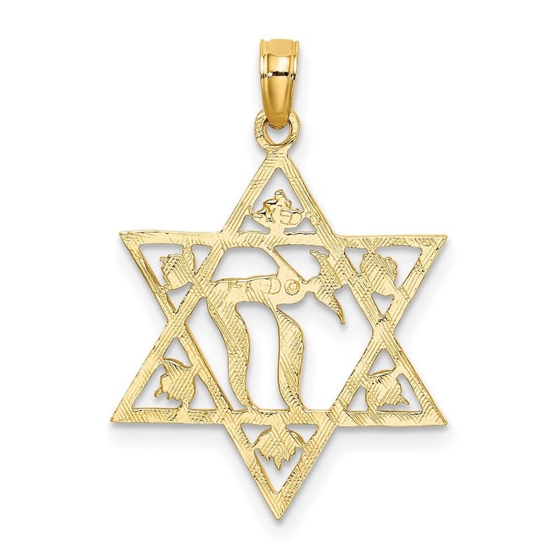 Curata 14k Yellow Gold Textured Jewish Star of David With Chai Center Necklace 26mm