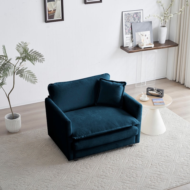 Chenille Fabric Single Sofa Chair, Ergonomic Upholstered Reading Armchair, Deep Seat Lounge Chair with 1 Toss Pillow聽 - Blue