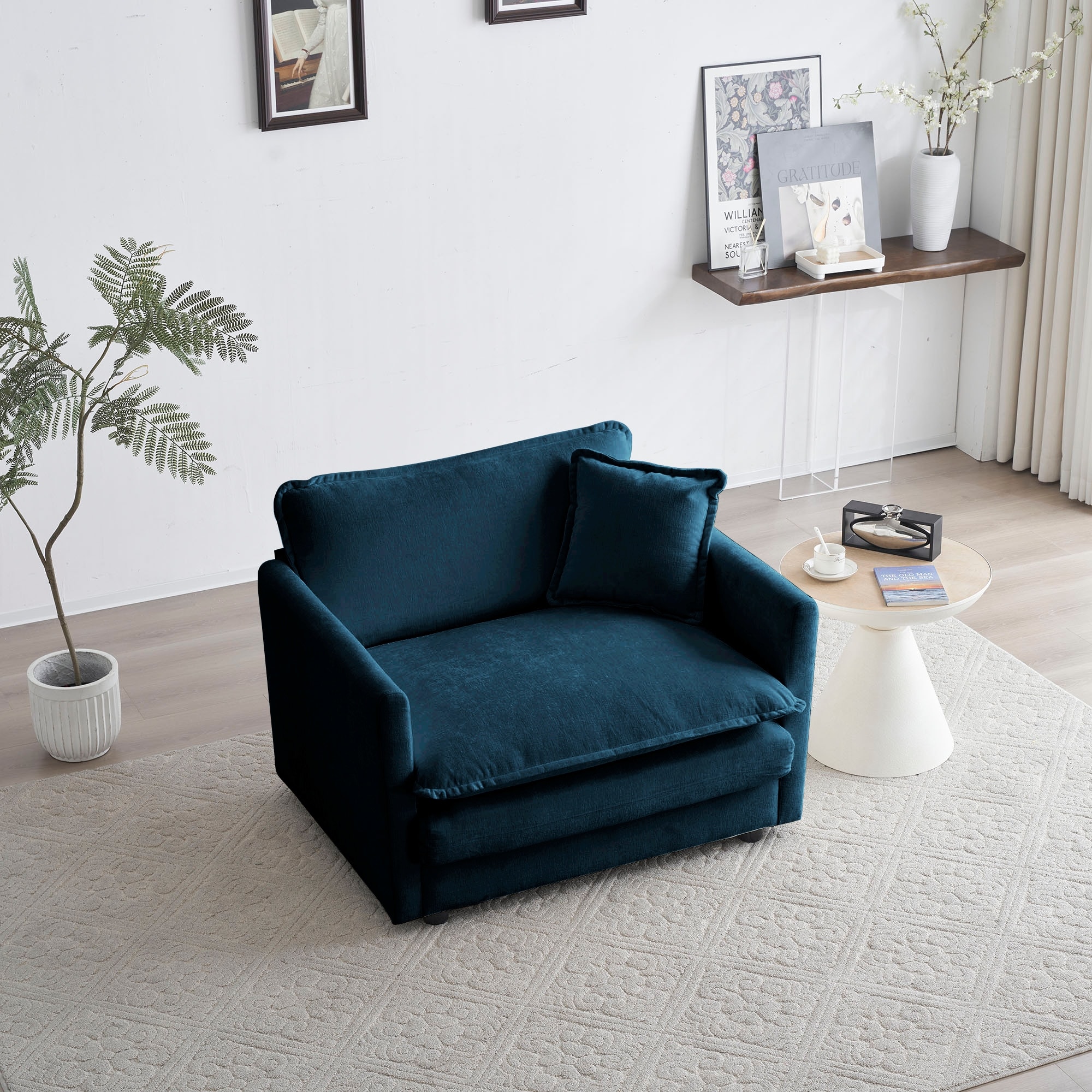 Chenille Fabric Single Sofa Chair, Ergonomic Upholstered Reading Armchair, Deep Seat Lounge Chair with 1 Toss Pillow聽