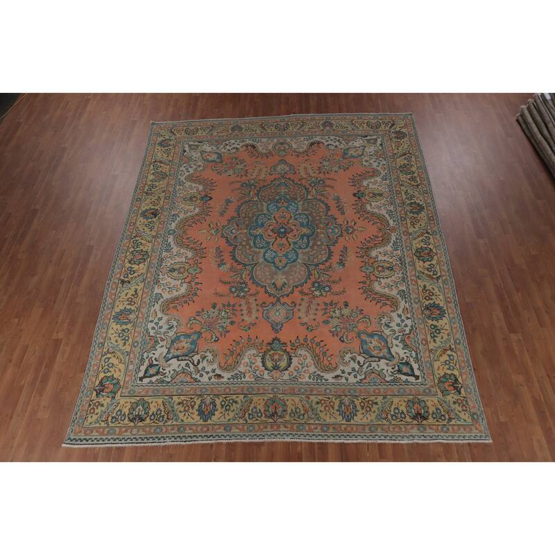 Hand Knotted Oriental 100% Wool Carpet Traditional Geometric Coral Tabriz Area Rug - 12' 7'' X 9' 7''