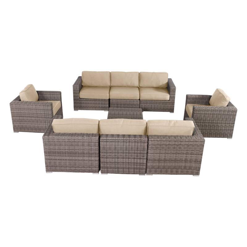 LSI Antibes Grey Wicker Sunbrella 9-piece Sofa Club Set - Beige