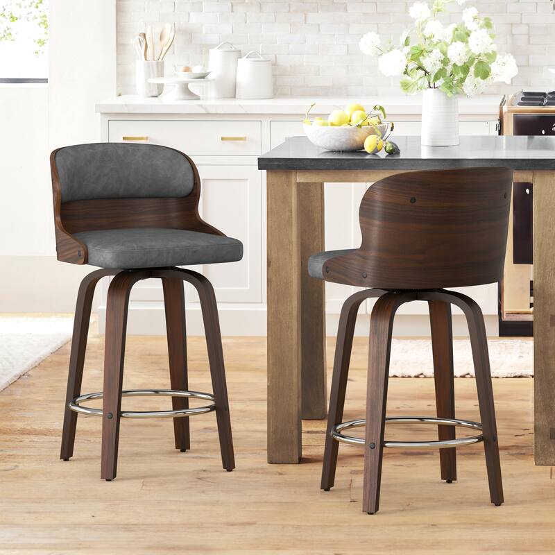 26 in. Counter Height Stool, Wooden Swivel Barstool PU Leather with Low Back