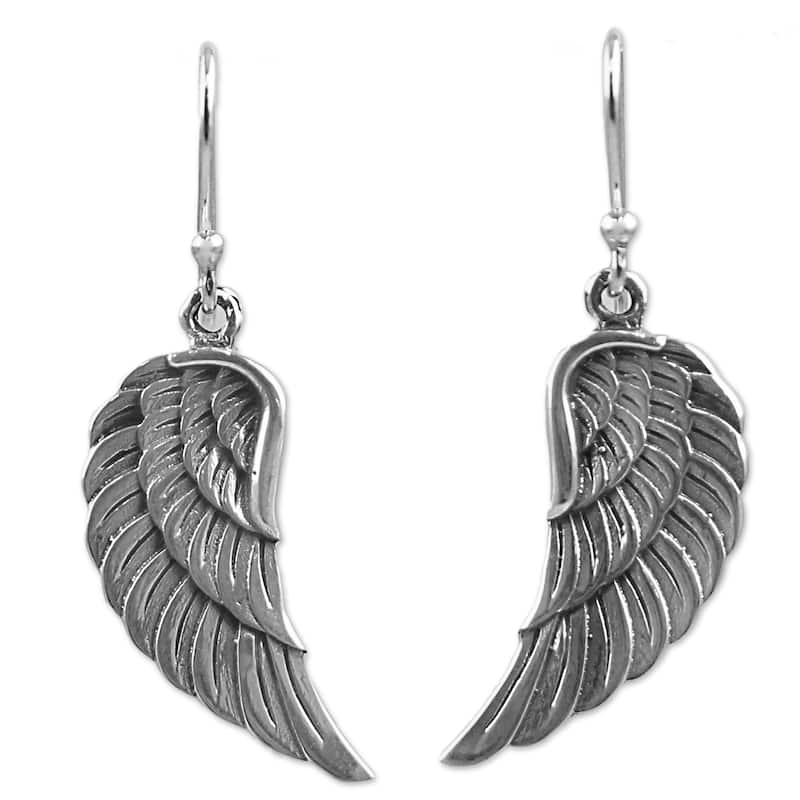 Sterling Silver Dangle Earrings, 'Loving Wings' - 1.6*0.6 - 1.6*0.6 - Silver - White