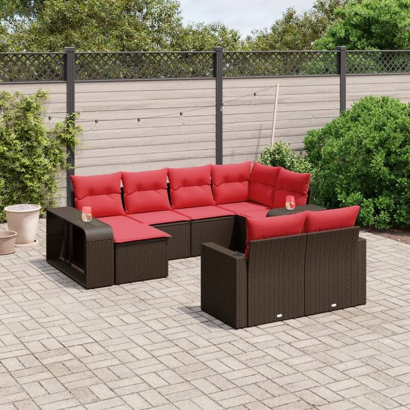 vidaXL 10 Piece Patio Sofa Set with Cushions Brown Poly Rattan - 25.8 x 24.4 x 27.2