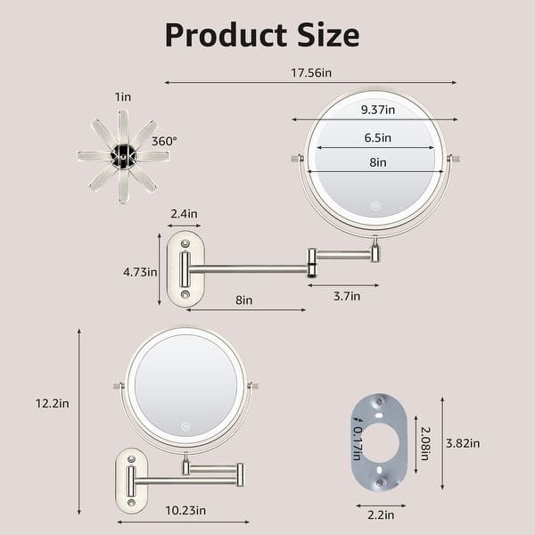 dimension image slide 3 of 6, Yulika Rechargeable Lighted Wall Mounted Makeup Mirror with 3 Color Lights Double Sided 1X/10X or 1X/7X