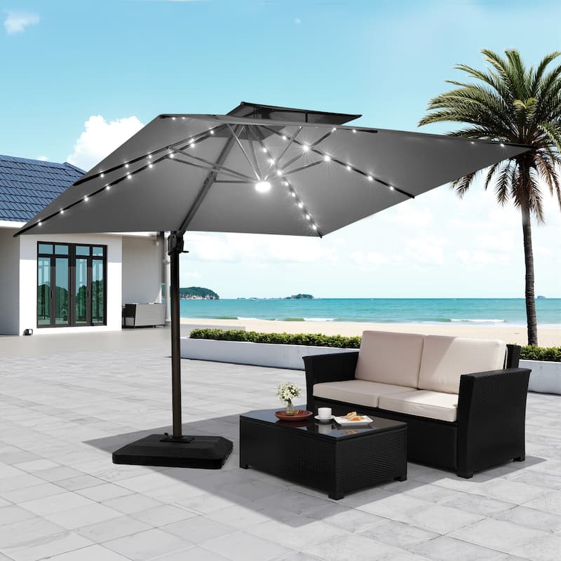 Pellebant 9x11FT Outdoor Dual Top Cantilever Patio Umbrella LED Light with Premium Base Stand - DarkGrey