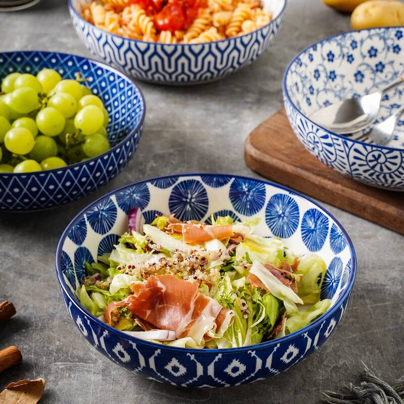 Ceramic 50 Ounce Pasta Bowls Set of 4, 8.6 Inch Large Salad Bowls,Wide and Shallow Porcelain Soup Bowls, Stackable Serving Bowls