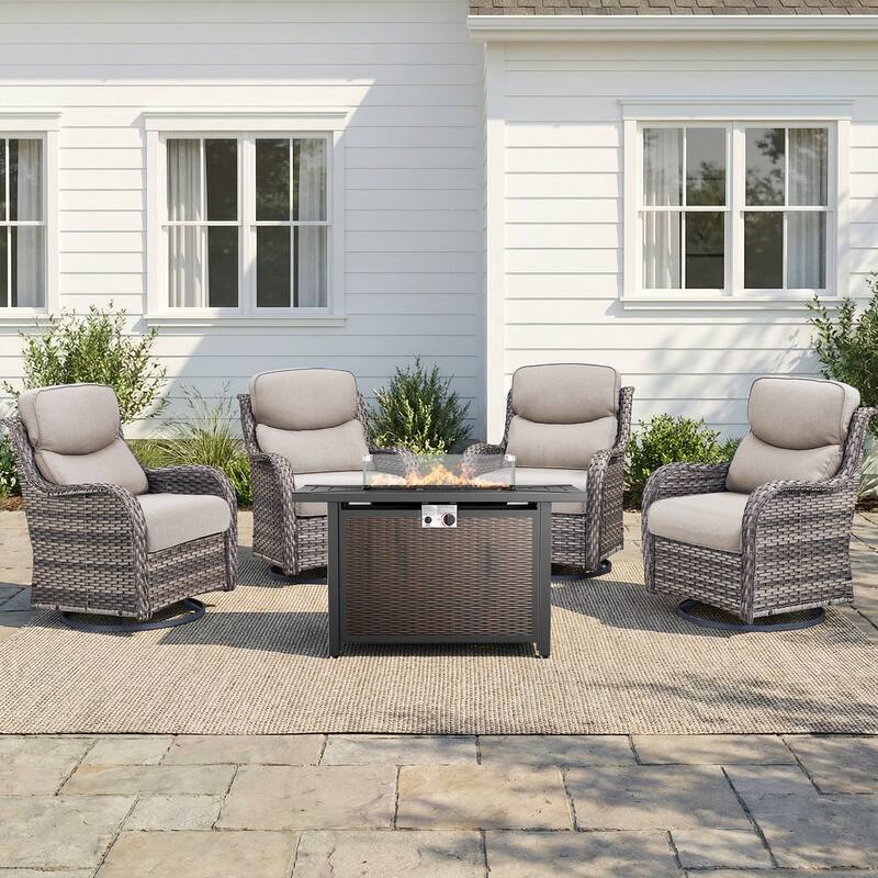 Pocassy 43" Fire Pit Table with Outdoor Swivel Chair Set - Gray Wicker Beige Cushion - 5-Piece Swivel Chair w/ Fie Pit Table