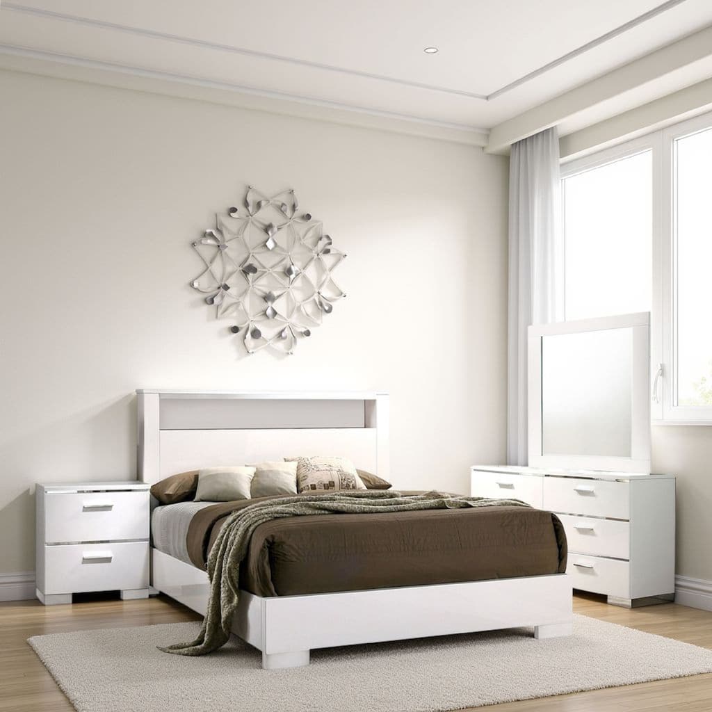 Cari Four Pc Queen Bedroom Set, LED Headboard with Shelf, White Wood, Chrome Stripes