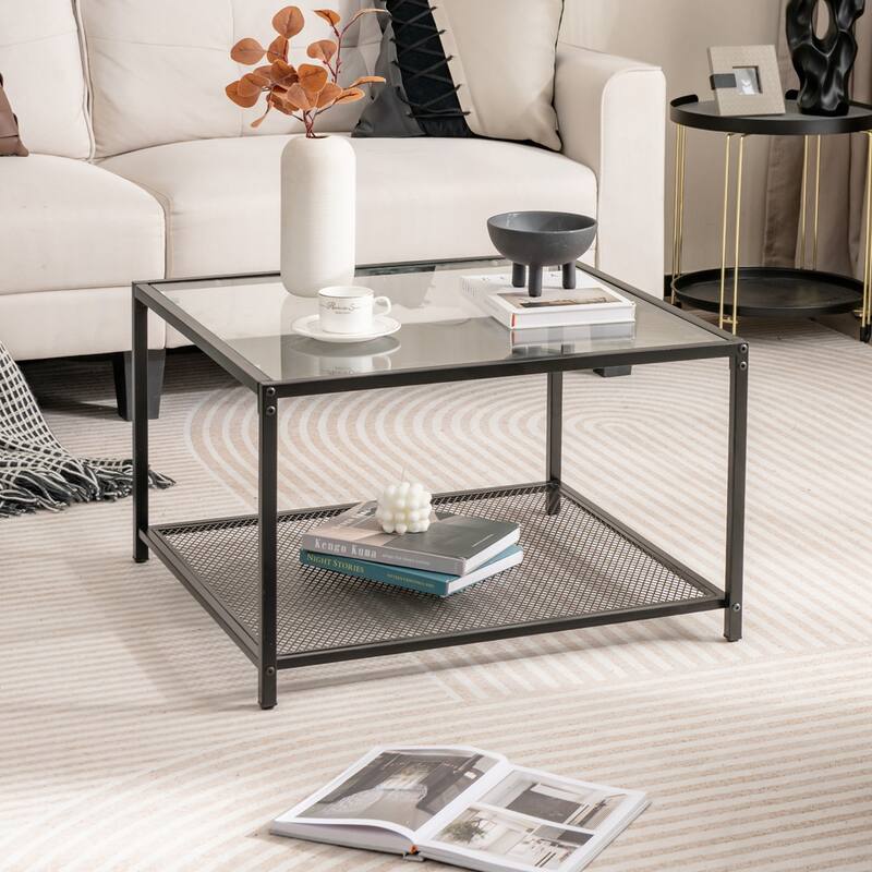 Costway Glass Coffee Table 27.5 Inch 2-Tier Square with Mesh Shelf - See Ddetails