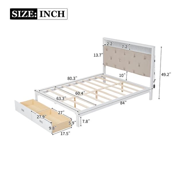 Queen Platform Bed with Upholstered LED Headboard & 2-Storage Drawers, Antique White