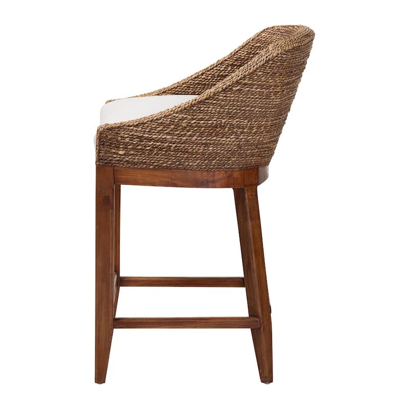 Jasper Seagrass Counter Stool with Mahogany Wood Frame - Coastal Seating with Woven Wingback and Cushioned Seat for Kitchen