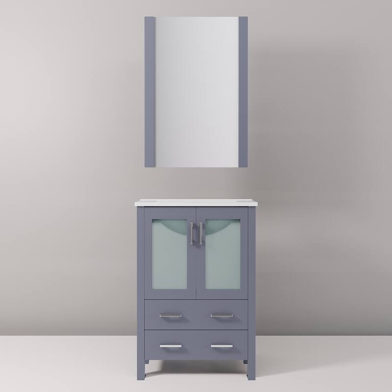 24-inch Bathroom Vanity with Ceramic Top, Mirror, and Soft Close Storage - Includes 1 Cabinet and 2 Drawers for Storage