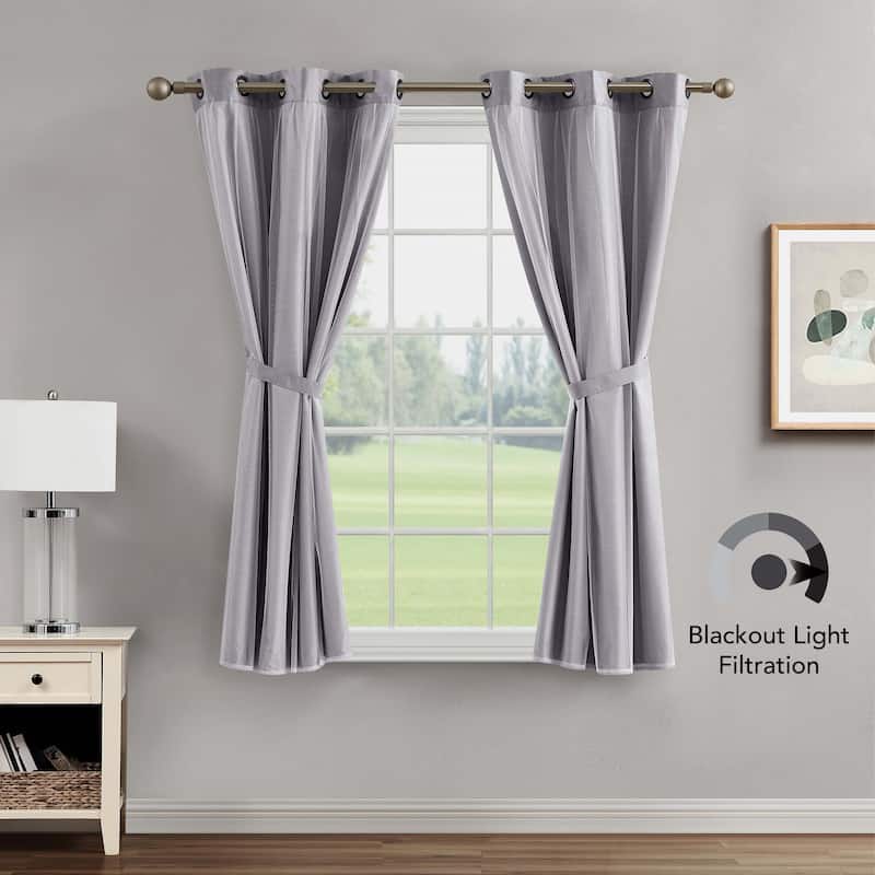 Creative Home Ideas Augusta Faux Silk Blackout with Sheer Overlay Grommet Window Curtain Panel Pair with Tiebacks