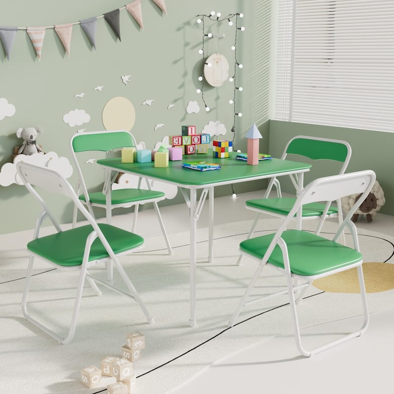 VECELO 5 Pcs Kids Folding Activity Table and Chairs Set, Portable, with Ultra Soft PU Padded Cushion, Matte Black - Green