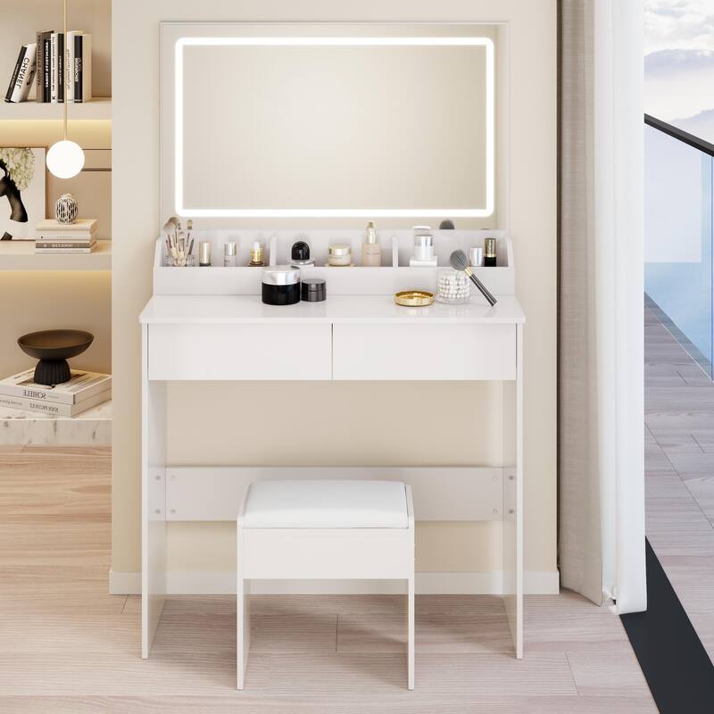 31" x 20" Extra Large LED Mirror Makeup Vanity Table with Stool, Touch Control, Adjustable Brightness & Storage