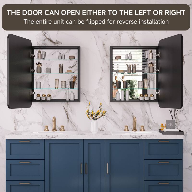 24x32 in Black Framed Mirrored Medicine Cabinet, Recessed/Surface Mount, Adjustable Tempered Shelves, Fully Assembled