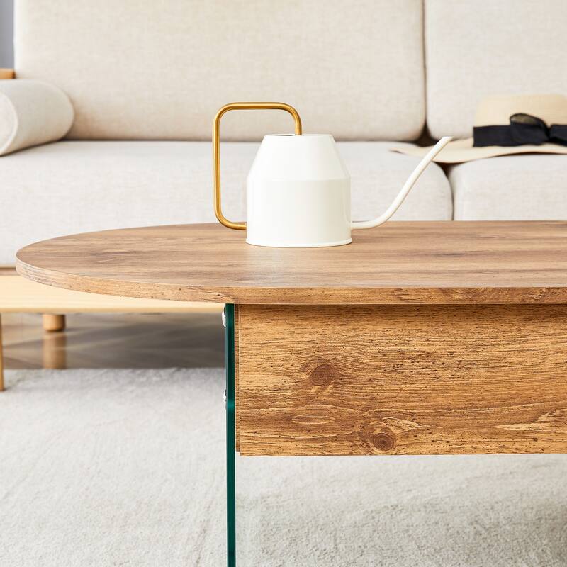Cozy Oval Double Drawer Coffee Table,Multi-Functional Design,Both Sides Are Transparent Tempered Glass