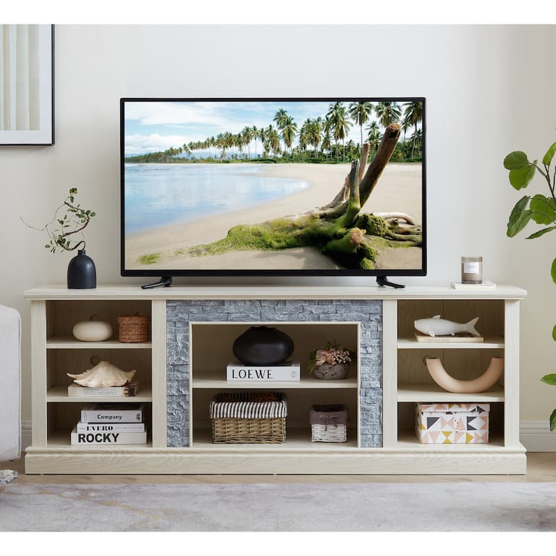 White 70" TV Stand with Faux Stone, Large Cabinet & Adjustable Shelves for TVs Up to 75" - White