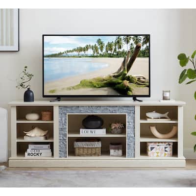 White 70" TV Stand with Faux Stone, Large Cabinet & Adjustable Shelves for TVs Up to 75"