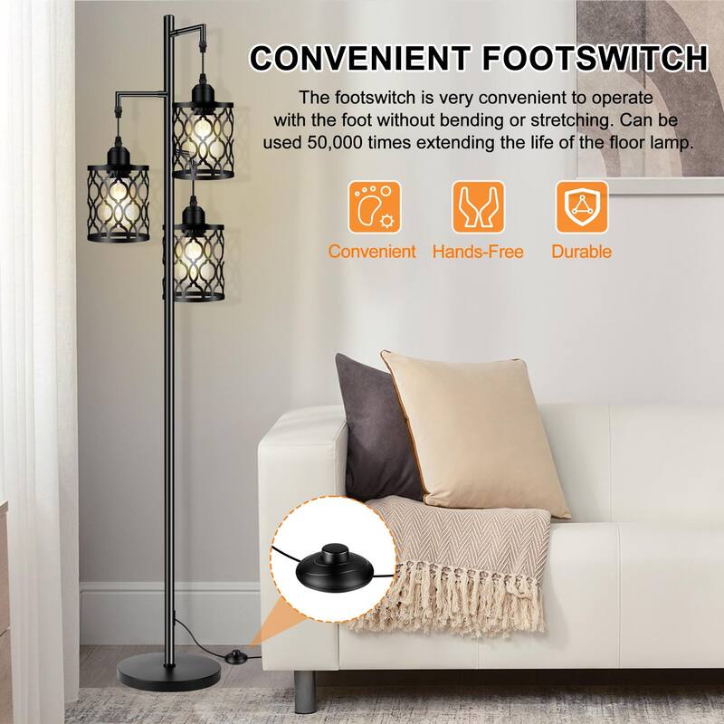 Industrial Floor Lamp, Metal Farmhouse Floor Lamp for Living Room, Rustic Standing Tall Lamp with 3 Elegant Cage Heads - Black