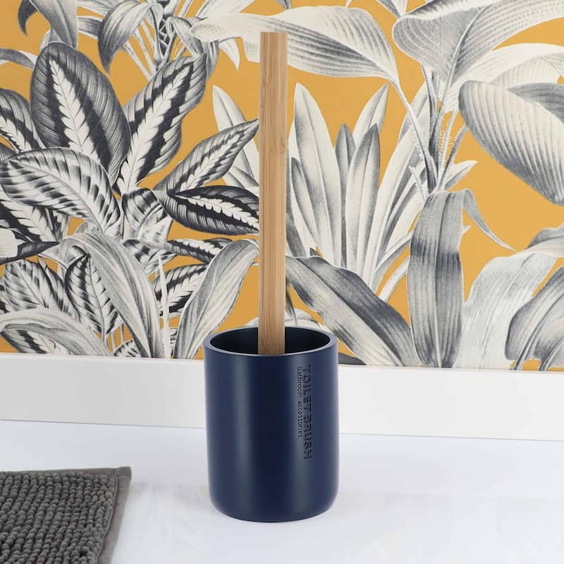 Chic Matte Toilet Brush Holder Set with Natural Bamboo Handle - 4 L x 4 W x 14.8 H - Navy Blue
