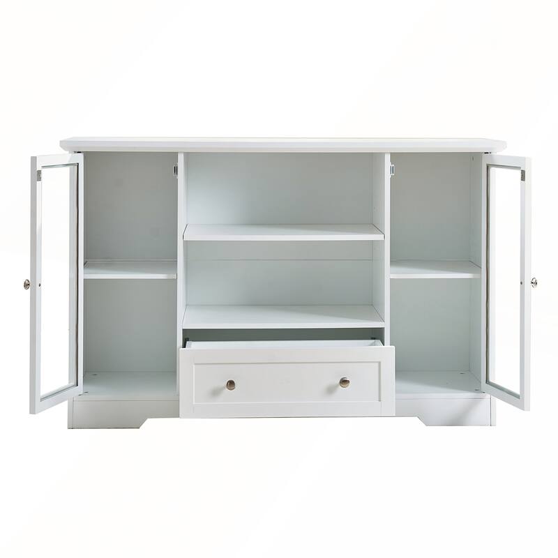 Modern White Storage Cabinet with Glass Doors Shelves Drawer