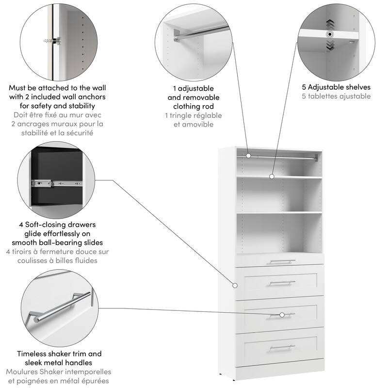 Bestar Florence 36W x 16D Closet System with 4 Drawers, Shaker