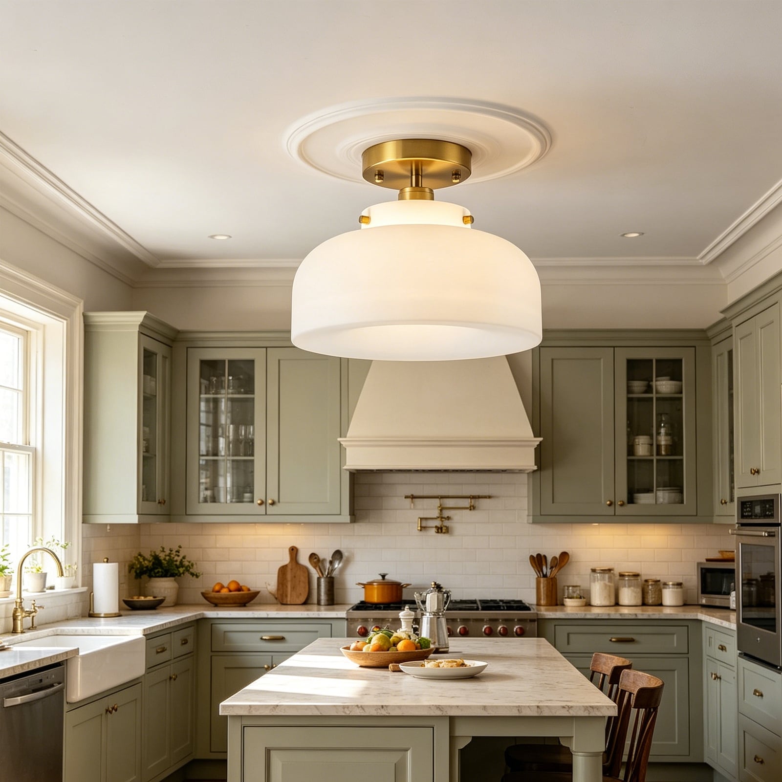 1-Light Modern Gold Semi Flush Mount Ceiling Light with Frosted Glass Dome for Bedroom Kitchen Island - 11.81"