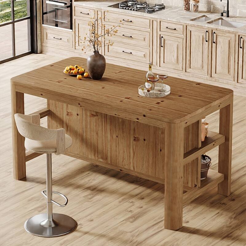 63 Inch Solid Wood Kitchen Island Table with Storage Shelves