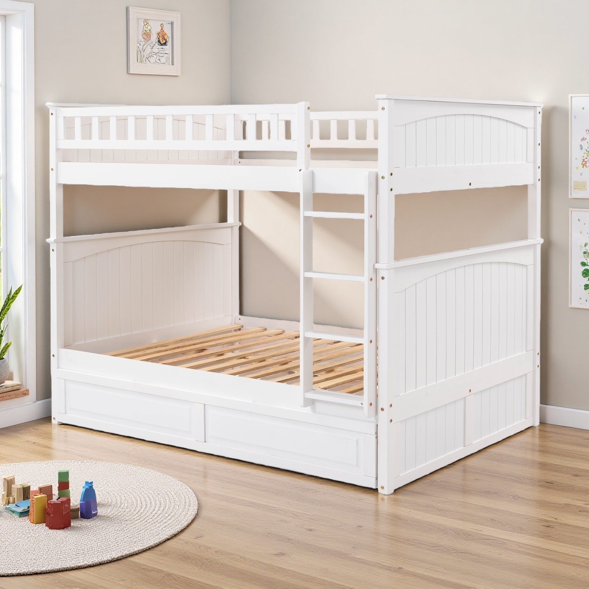Full over Full Solid Wood Bunk Bed, Twin Trundle & Guardrails