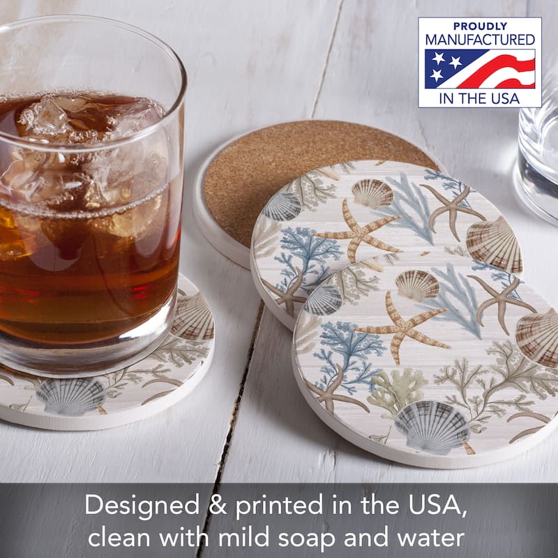 Beyond the Shore 4 Pack Absorbent Stone Coasters with Protective Cork Backing Made in The USA Absorbent Easily Wipes Clean