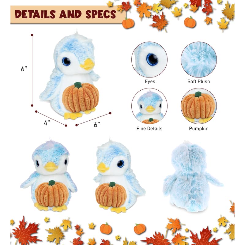 DolliBu Sparkling Eyes Blue Penguin Stuffed Animal with Pumpkin Decor - 6 inches