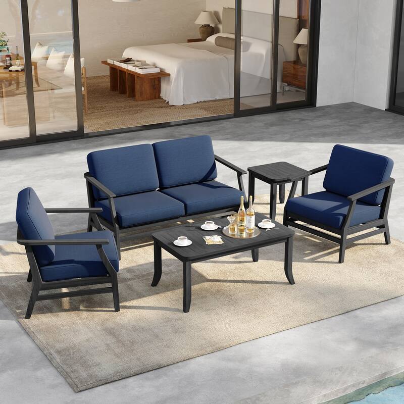 5-Piece Outdoor Teak Wood Patio Conversation Set with Cushions