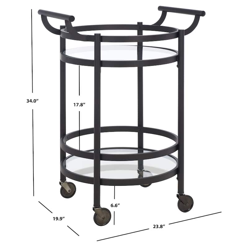 SAFAVIEH Sienna 2 Tier Round Bar Cart-Black Nickel / Glass. - 24" W x 20" D x 34" H