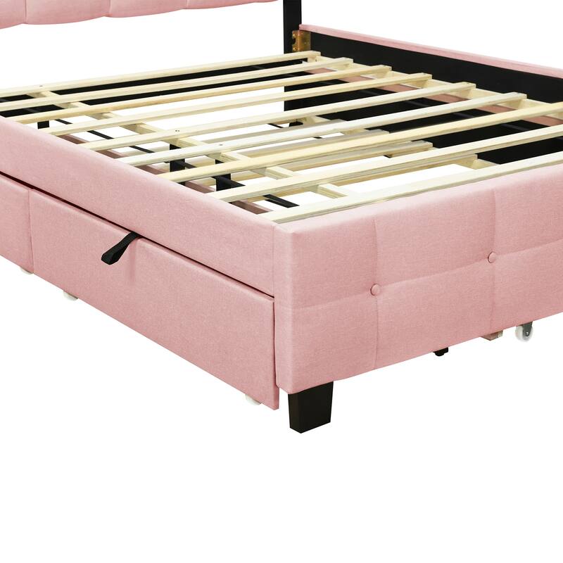 Queen Size Linen Fabric Upholstered Platform Bed with LED Frame, with Twin XL Size Trundle and 2 drawers