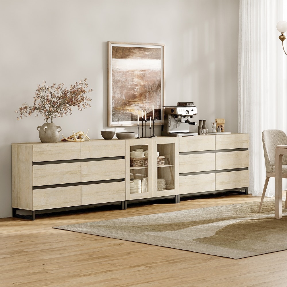 WAMPAT Modern Sideboard with Adjustable Shelves and Drawer, 3 in 1 Storage Cabinet with Glass Doors for Living Room, Kitchen