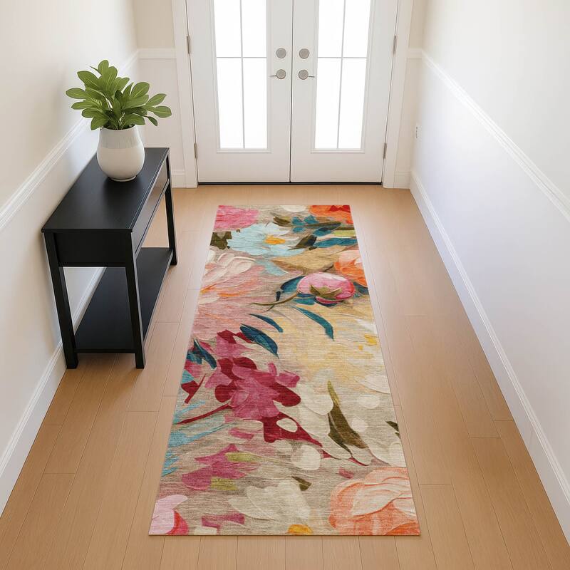 Machine Washable Indoor/ Outdoor Watercolor Floral Chantille Rug