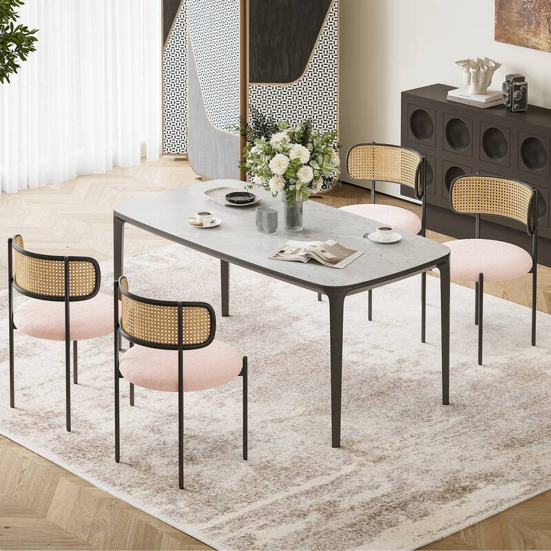 Modern Upholstered Dining Chairs Set of 4,Rattan Back Dining Room Chairs,Accent Kitchen Chairs with Metal Legs