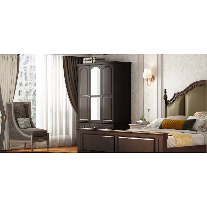 3-Door Wardrobe Armoire with Mirror, 70.9" Tall Freestanding Closet Cabinet Storage Wardrobe for Bedroom