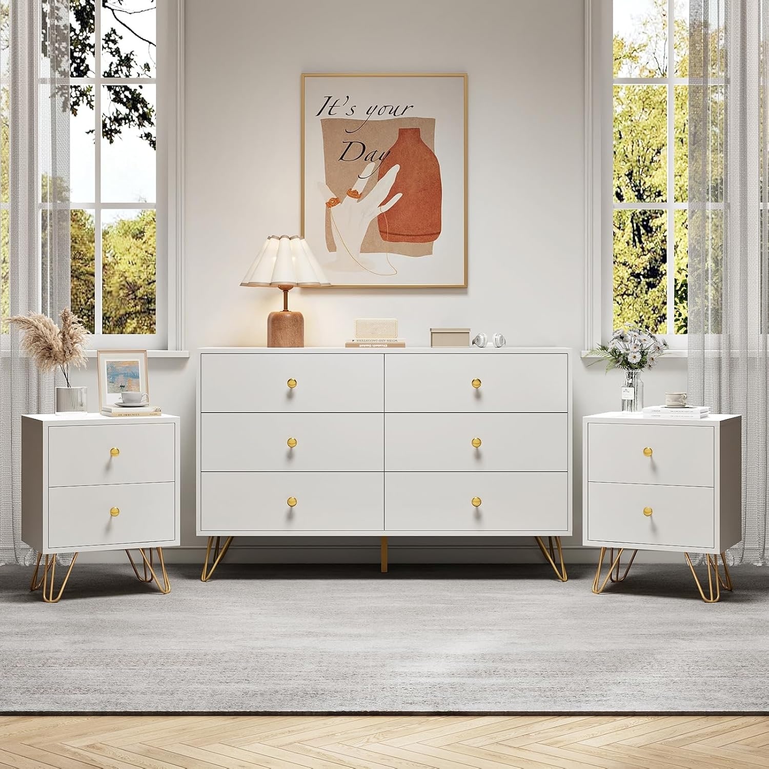 Modern White & Gold 6-Drawer Dresser Set with 2 Nightstands, Sturdy MDF Storage Furniture for Bedroom