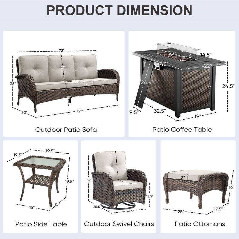 Patio Sofa Swivel Chair with Propane Fire Pit Table