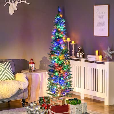 HOMCOM 6ft Tall Pencil Prelit Artificial Christmas Tree Holiday Décor with 390 Branches, 150 Colorful LED Lights, Steel Base