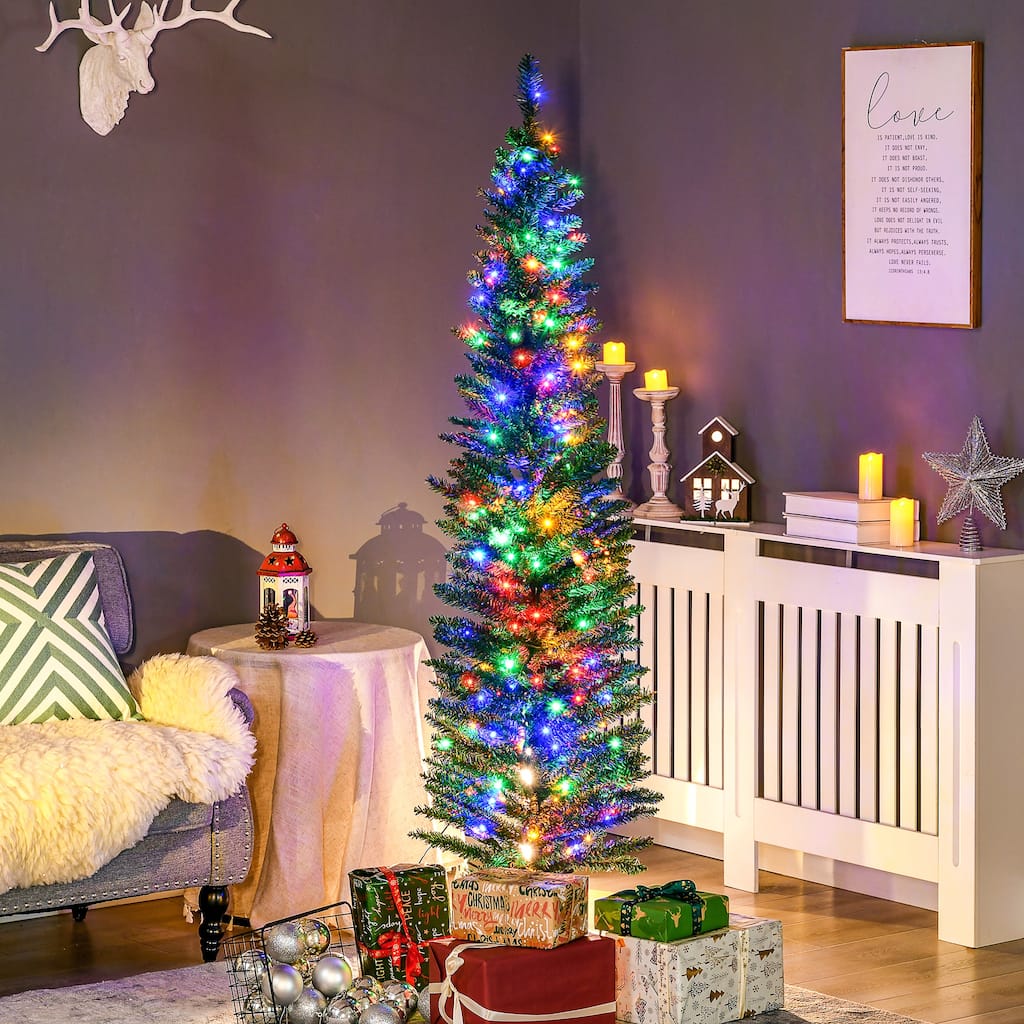 HOMCOM 6ft Tall Pencil Prelit Artificial Christmas Tree Holiday Décor with 390 Branches, 150 Colorful LED Lights, Steel Base