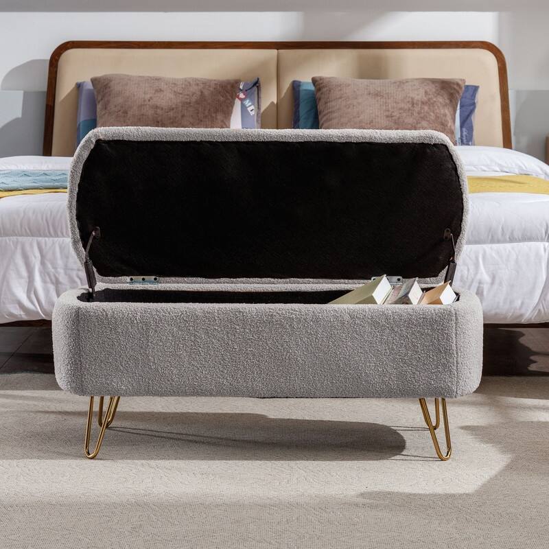 Modern Faux Fur Storage Bench with Gold Legs, Upholstered Ottoman for Living Room and Bedroom