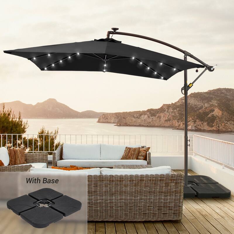 LIVOOSUN 8.2Ft LED Square Offset Hanging Patio Umbrellas w/Base - Black