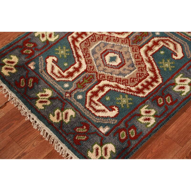 Teal Blue Geometric Kazak Indian Runner Rug Handmade Wool Carpet - 2'6" x 9'8"