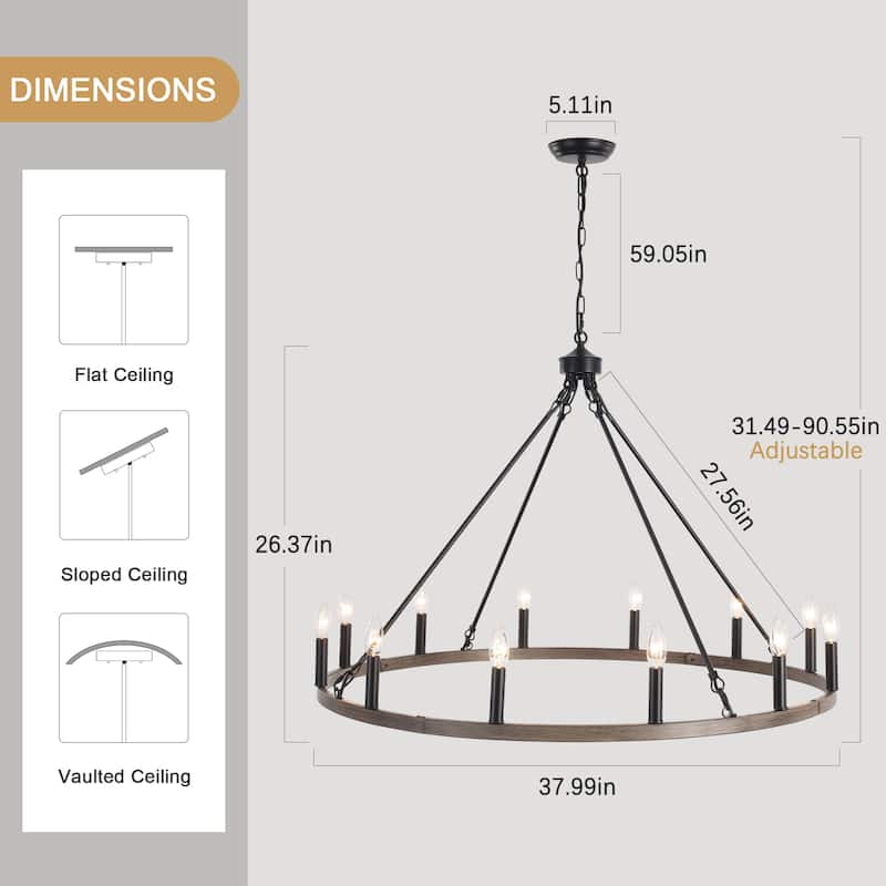 12-light Rustic Farmhouse Wagon Wheel Chandelier for Living Room - W37.99" x H90.55" - N/A